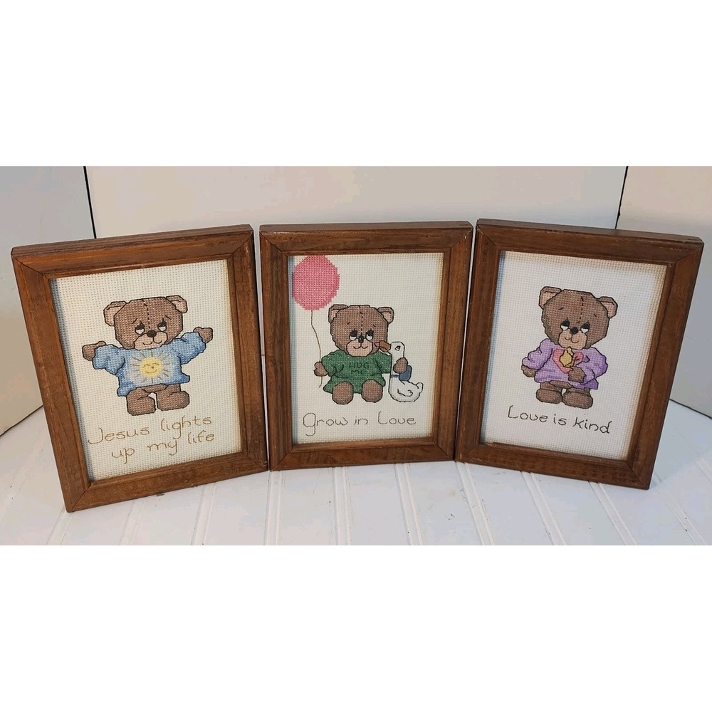 Set Of 3 Dale Burdett Framed Finished Cross Stitch Pitiful Pals Bears Nursery
